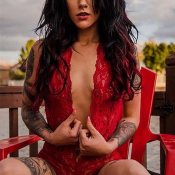 Red Lace Halter OnePiece Intimate Bodysuit Teddy - Picture 4 of 4